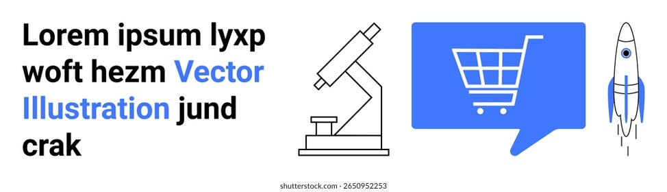 Microscópio, carrinho de compras em bolha de bate-papo azul, e foguete. Ideal para temas de ciência, tecnologia, comércio eletrônico, comunicação, inovação, exploração espacial e educação. Página inicial
