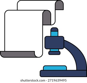 Um microscópio é mostrado com um pedaço de papel sobre ele. O papel é dobrado e tem uma linha desenhada através dele. Conceito de exploração e descoberta científica