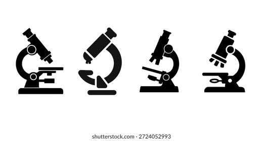 Colección de la silueta del microscopio, equipo de la ciencia del laboratorio. Investigación e instrumentos médicos para el diseño de la educación.