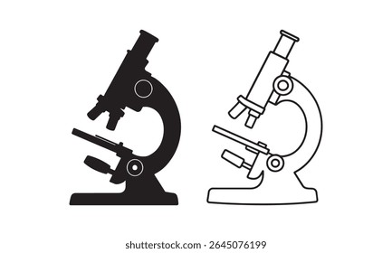 Silhueta de microscópio e vetor de arte de linha .symbol, médico, educação, linha, cientista, científico, ícone, isolado, laboratório, microscópio, pesquisa, branco, escola, flat, design, logo, vetor, arte, biologia.