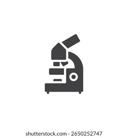 Ícone de glifo sólido do microscópio. Um ícone vetorial sólido mostrando um microscópio de laboratório. Este símbolo de ícone representa o sinal de ciência e o símbolo de pesquisa educacional.