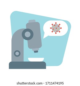 microscope and speech bubble with covid 19 symbol over white background, colorful design, vector illustration