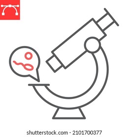 Icono de línea de esperma microscopio, reproducción y ciencia, icono del vector de análisis de semen, gráficos vectoriales, signo de contorno de trazo editable, eps 10.
