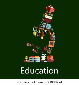 Microscope symbol with education icons. School and book, pencil, globe, student, computer, calculator and backpack, apple and flask, scissors and atom, DNA, light bulb and teacher