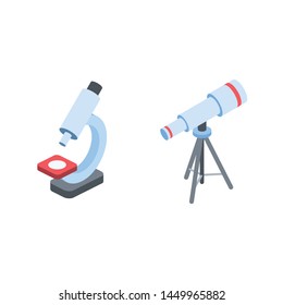 Microscope telescope vector 3d isometric, color web icons set, new flat style. Creative illustration, idea for infographics.