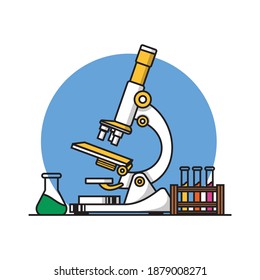 Microscopio, tubo de ensayo e ilustración del vector de vidrio de vaso de precipitado. Concepto de ícono de dibujos animados del laboratorio de ciencias. Estilo de diseño plano