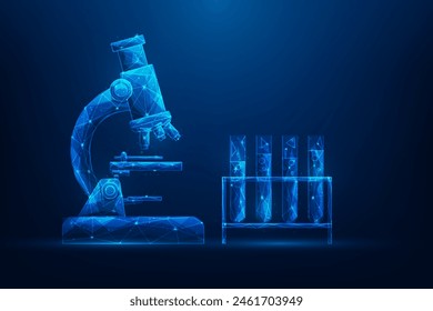 microscope and test tube technology low poly wireframe. science medical digital. vector illustration fantastic design. on blue background.