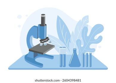 Microscope, test tubes and chemical flask. Laboratory concept. Flat illustration.