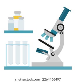 Microscopio y tubos de ensayo con botellas médicas