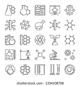 Microscope, Test-Tube, Flask, Molecule and other Chemistry outline vector icons set