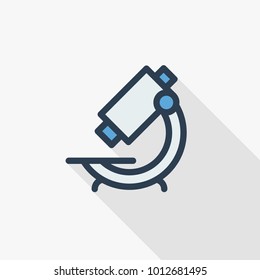 microscope thin line flat color icon. Linear vector illustration. Pictogram isolated on white background. Colorful long shadow design.