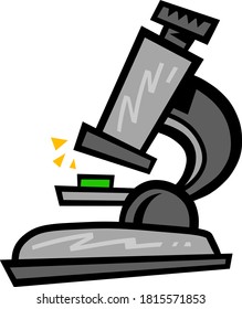 Microscope used in science lab to zoom in on tiny germs, in fun cartoon illustration style