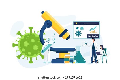 Microscope, vaccination concept. Covid-19 Corona virus research laboratory with scientists, doctors working in medicine, people. Background, flat style vector template suitable for web landing page