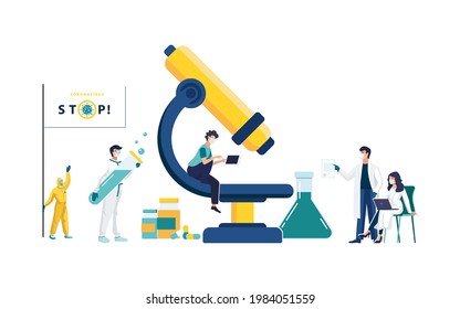 Microscope, vaccination concept. Research laboratory Covid-19 Corona virus with scientists, doctors working medicine, people. Background, flat vector style template suitable for web landing page