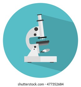 Microscope Vector. Art Picture Image app design. Flat circle icon with long shadow.