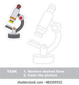 Microscope in vector to be traced. Restore dashed line and color the picture. Tracing game for preschool children, easy game level.