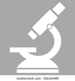 Microscope vector icon. Style is flat symbol, white color, rounded angles, silver background.