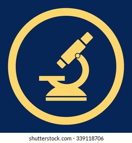 Microscope vector icon. Style is flat rounded symbol, yellow color, rounded angles, blue background.