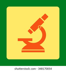 Microscope vector icon. Style is flat rounded square button, orange and yellow colors, green background.