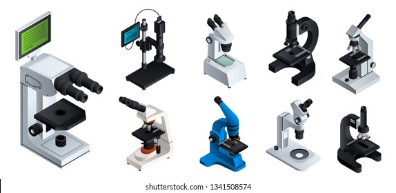 Microscope vector icons set. Isometric set of microscope vector icons for web design isolated on white background