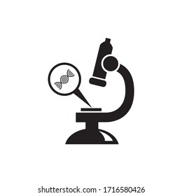 Microscope viewing DNA molecule, science biology vector icon