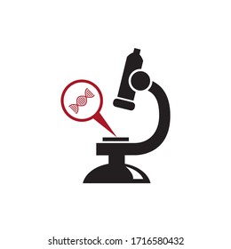 Microscope viewing DNA molecule, science biology vector icon