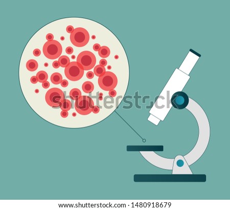 Microscope viewing Red blood cells. Vector illustration. Medical background. 
