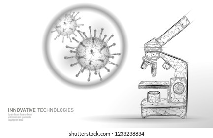 Microscope virus 3D low poly render. Laboratory analysis infection chronic disease Hepatitis virus influenza flu infect organism, aids. Modern science technology medicine thearment vector illustration