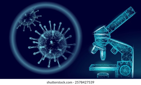 Microscope virus 3D low poly render. Laboratory analysis infection virus influenza flu pneumonia. Modern science technology medicine vector illustration