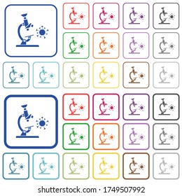 Microscope and virus color flat icons in rounded square frames. Thin and thick versions included.