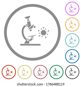Microscope and virus flat color icons in round outlines on white background