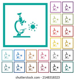 Microscope and virus flat color icons with quadrant frames on white background