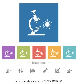 Microscope and virus flat white icons in square backgrounds. 6 bonus icons included.