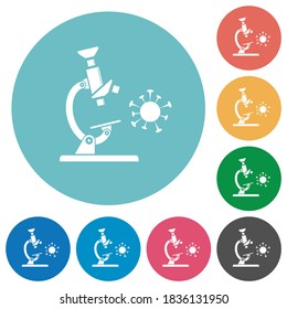 Microscope and virus flat white icons on round color backgrounds