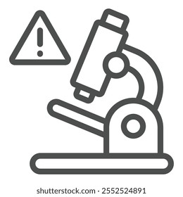 Microscópio com ícone de linha de aviso, conceito de teste de laboratório. Gráficos vetoriais. Sinal de perigo de teste de laboratório no fundo branco, ícone de estilo de contorno para design móvel ou web