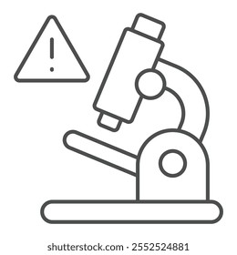 Microscópio com ícone de linha fina de aviso, conceito de teste de laboratório. Gráficos vetoriais. Sinal de perigo de teste de laboratório no fundo branco, ícone de estilo de contorno para design móvel ou web