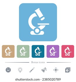 Microscope white flat icons on color rounded square backgrounds. 6 bonus icons included