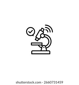 A microscope with a Wi-Fi signal and a speech bubble containing a checkmark representing connected research and validated results.