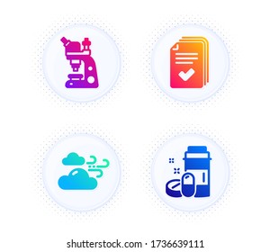 Mikroskop, Wind Wetter und Handout Symbole einfach gesetzt. Button mit halben Punkten. Medizinisches Drogenzeichen. Chemielabor, Wolkenwind, Beispiel Dokumente. Arzneimittel-Flasche. Wissenschaftssatz Vector