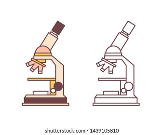 microscopes isolated on white background. Scientific instrument, microscopy laboratory equipment, medical lab research tool. Colorful and monochrome vector illustration in line art style.