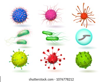 Microscopic 3d epidemic virus, bacillus bacteria, microorganisms, germs and parasite. Biology of illness and viruses, microbiology vector illustration isolated