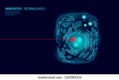 Microscopic Animal Cell. Modified GMO Human Cell Gene Therapy Engeneering. Dark Blue Glowing Red Laser Vector Illutration