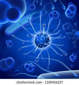 Microscopic bacteria. Bacterium microorganism, viruses and micro ebola microbes backdrop. Nature microbiology virus cell science close up realistic 3d vector dark blue background illustration