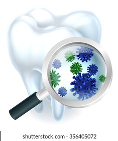 Microscopic bacteria tooth concept of a tooth with a magnifying glass showing microscopic bacteria or viruses
