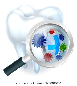 Microscopic bacteria tooth protection concept of a tooth with a magnifying glass showing a tooth being protected from microscopic bacteria or viruses by a shield