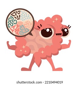 Microscopic bacterias childish concept. Good Microflora, viruses in Intestine. Vector flat illustration icon cartoon character with face. Healthy large intestine microflora.