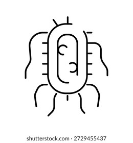 Microscopic bacterium or virus organism with a distinctive capsule and appendages, representing illness, disease, healthcare, and scientific concepts in a simple line art style