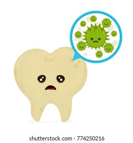 Microscopic caries bacterias and viruses around tooth in a virtual mouth. Hygiene medical, caries concept. Sad sick dirty tooth. Vector flat illustration icon cartoon character design.