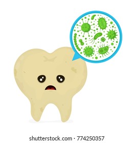 Microscopic caries bacterias and viruses around tooth in a virtual mouth. Hygiene medical, caries concept. Sad sick dirty tooth. Vector flat illustration icon cartoon character design.