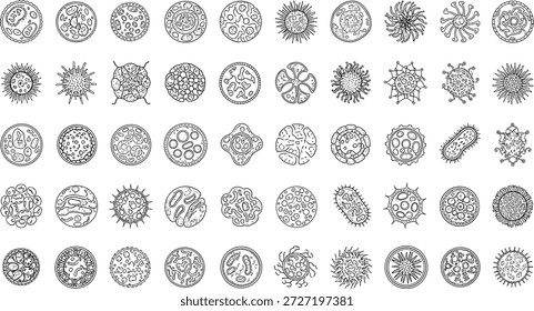 Ícones de bactérias de células microscópicas, símbolos de pesquisa de micro-organismos biológicos, germes de vírus e organismos de doenças, anatomia da medicina de laboratório científico, vetor de saúde da biologia.